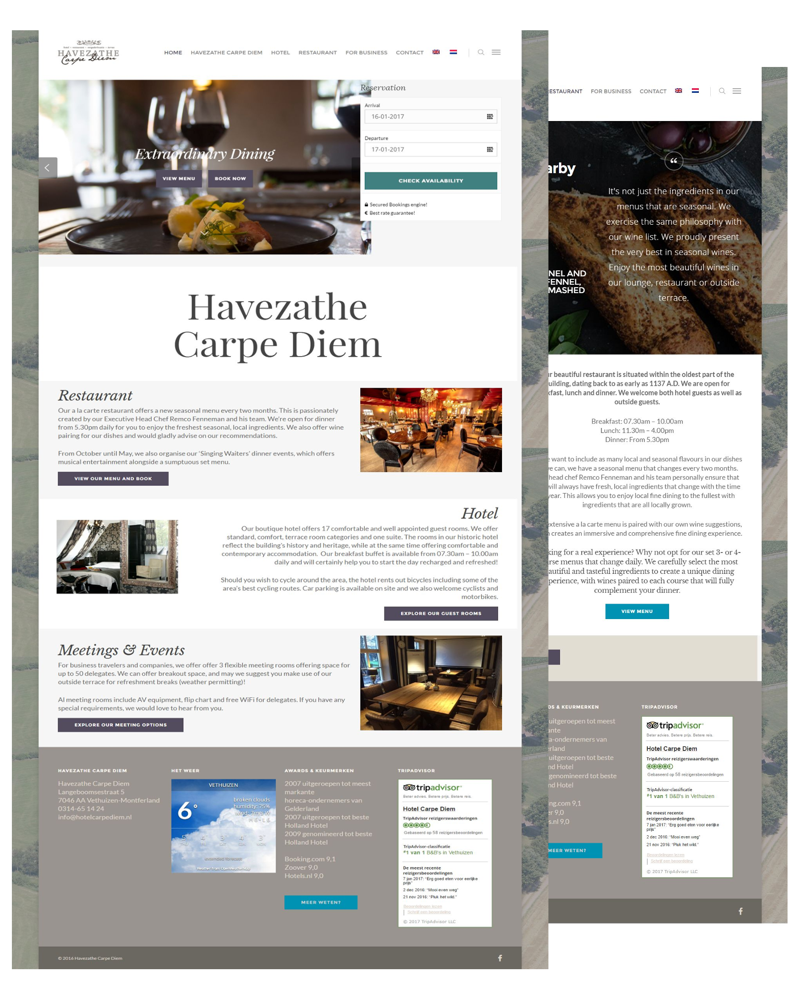 hotel carpe diem web design preview. Showing two pages only
